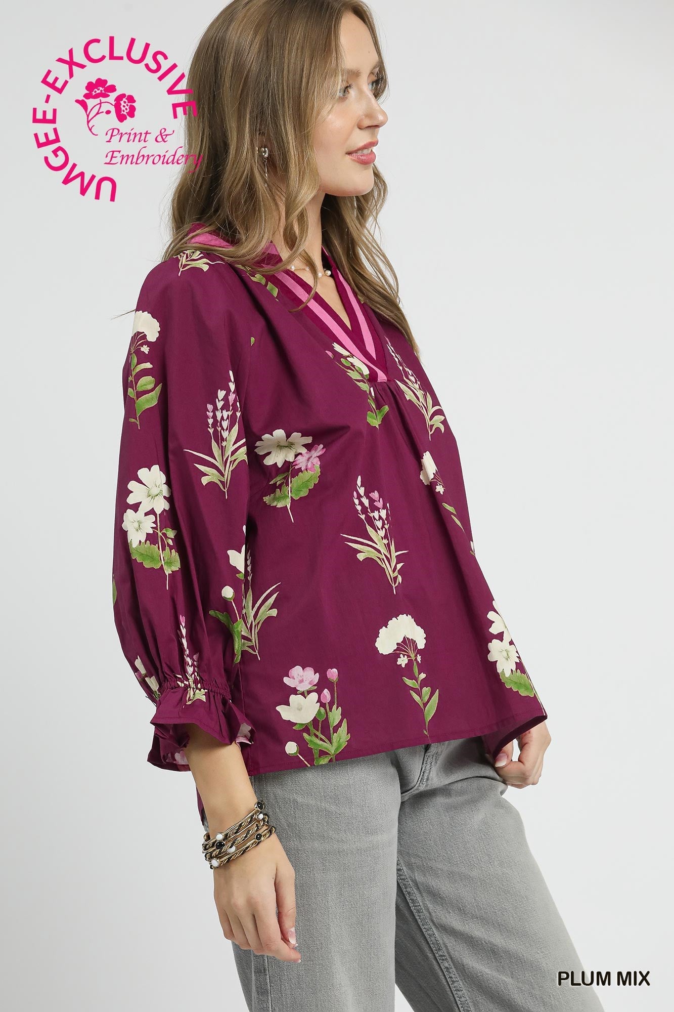 Floral Contrast Trim Blouse