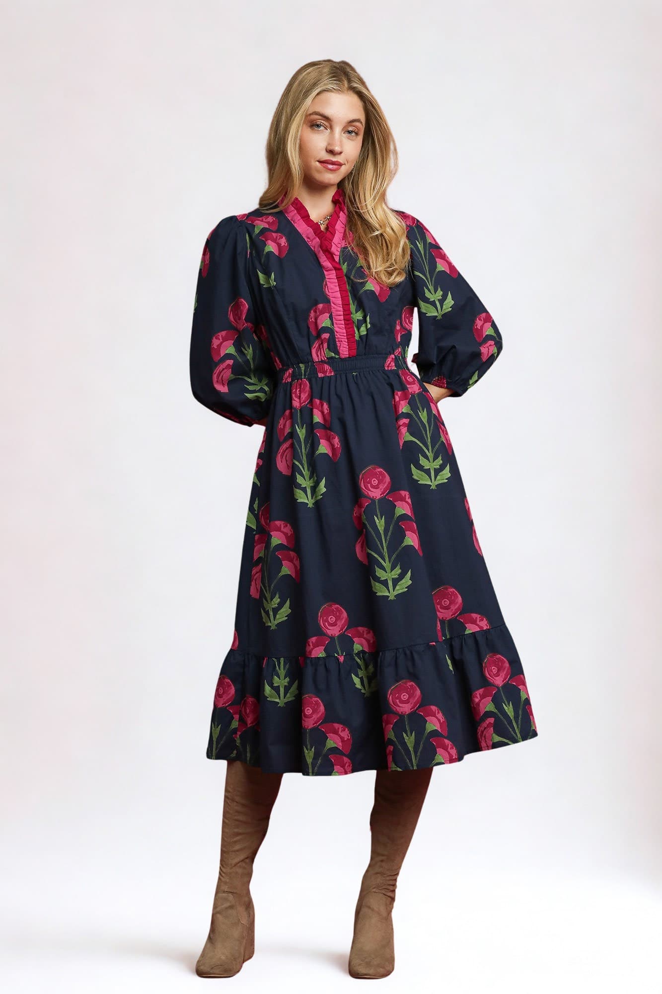 Floral Midi Dress with Ruffle Trim