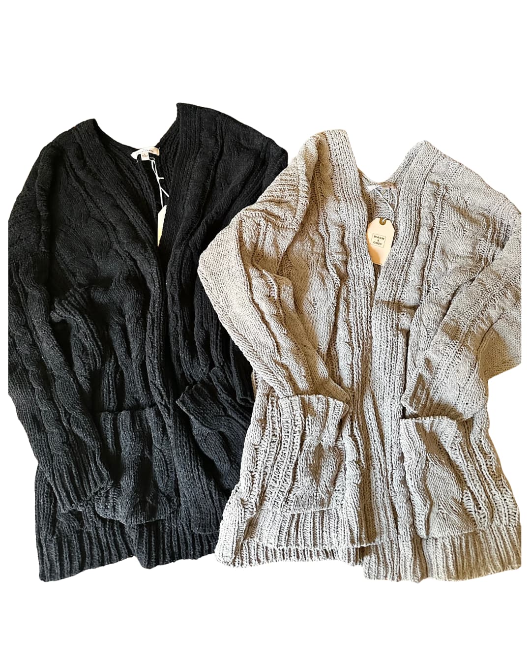 Chunky Knit Fall Cardigan in black and beige with open front design, cozy fit, and front pockets. Ideal for layering in cooler weather.