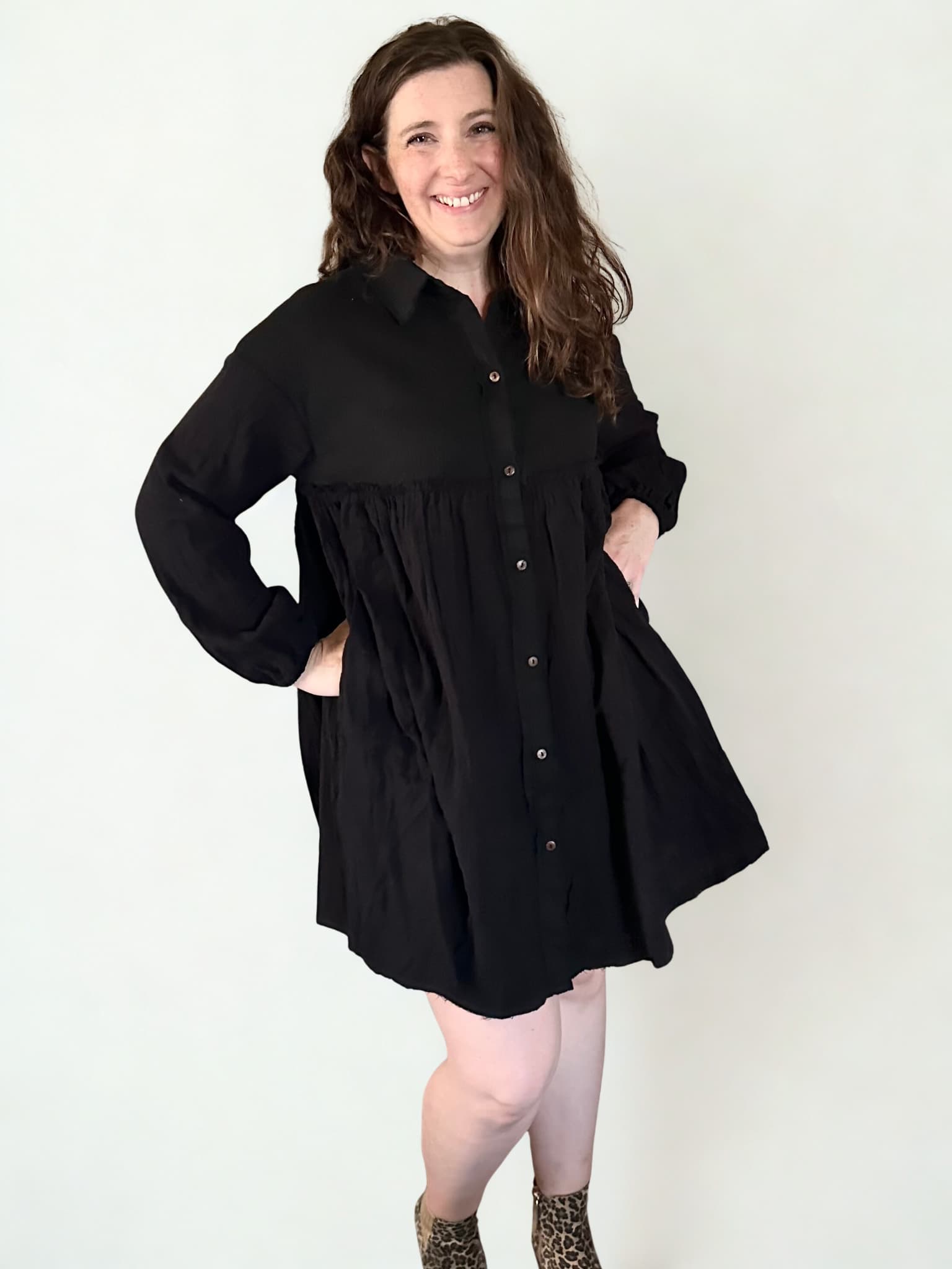Patchwork Crinkle Puff Sleeve Shirt Dress