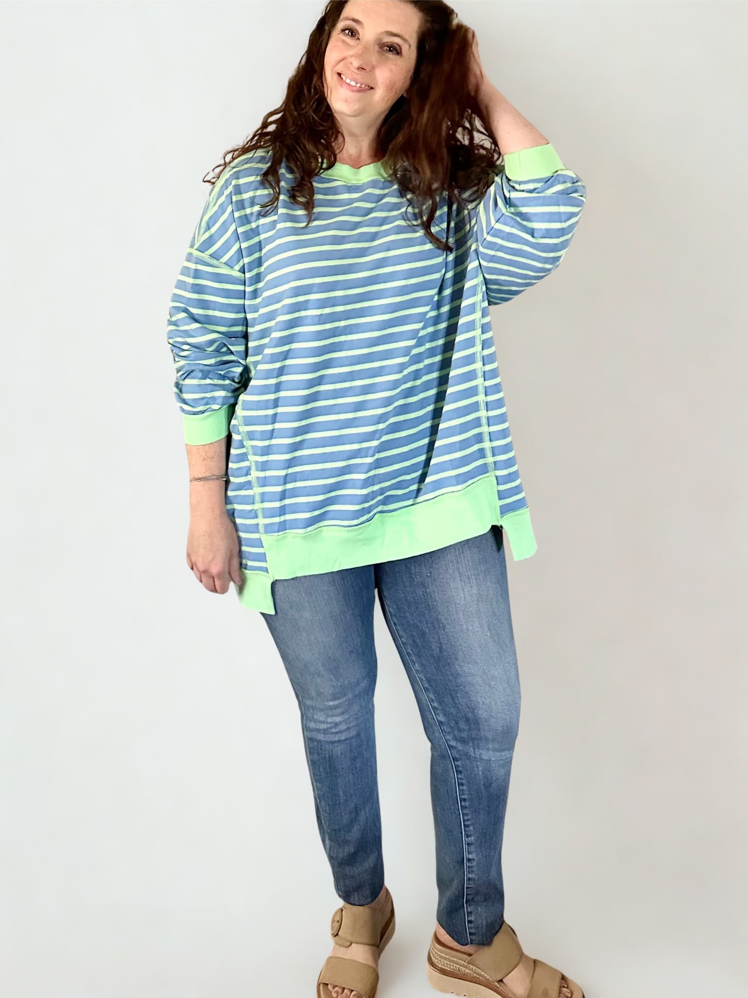 Stripe Contrast Trim High Low Pullover Tunic Sweatshirt