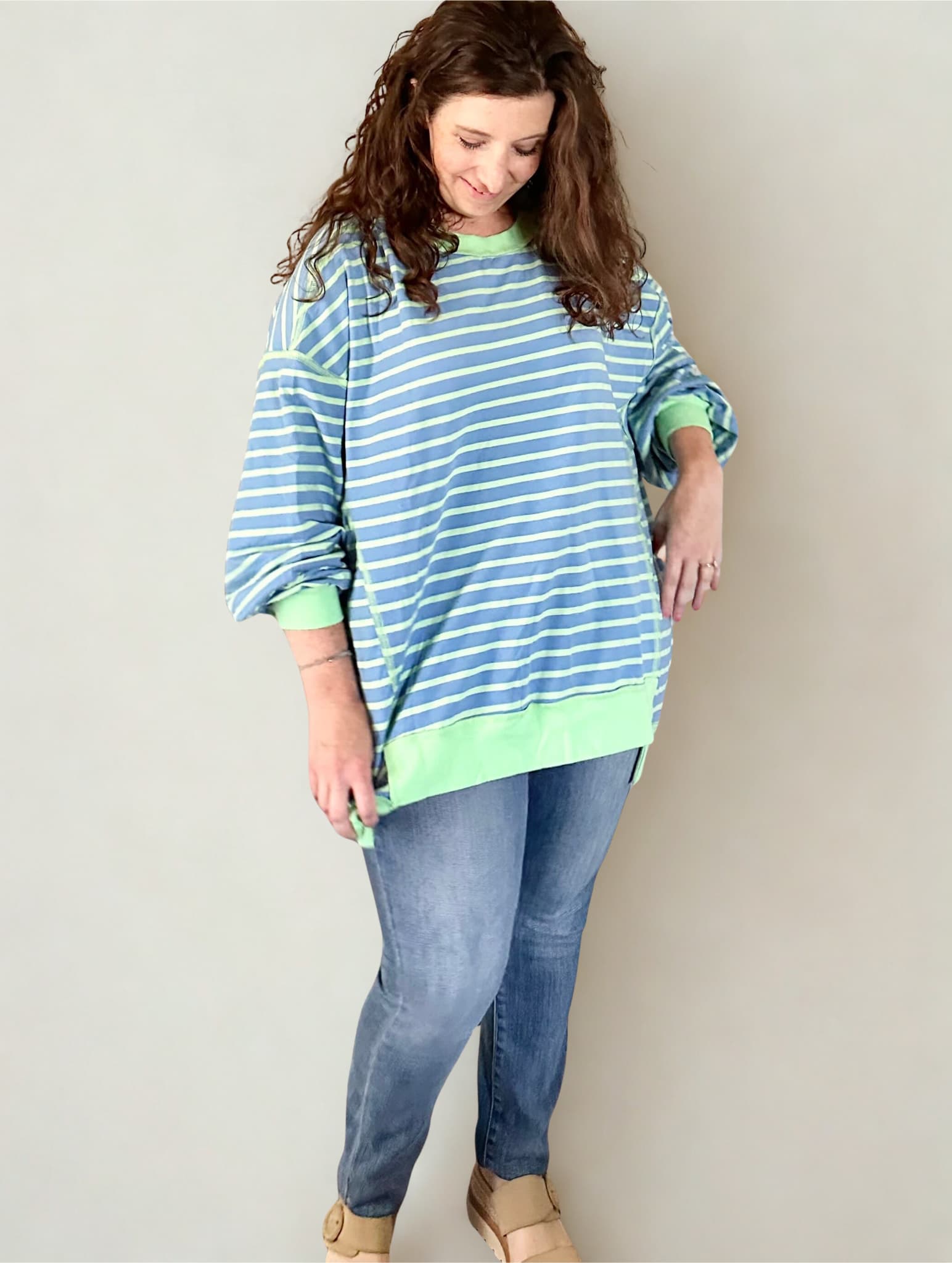 Stripe Contrast Trim High Low Pullover Tunic Sweatshirt