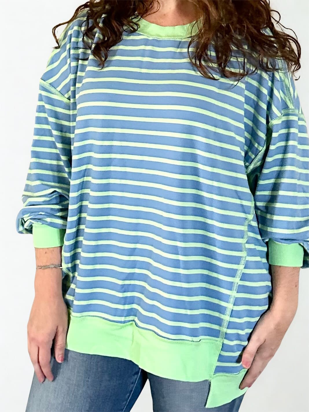 Stripe Contrast Trim High Low Pullover Tunic Sweatshirt