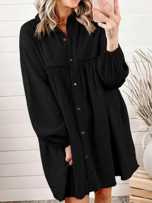 Patchwork Crinkle Puff Sleeve Shirt Dress